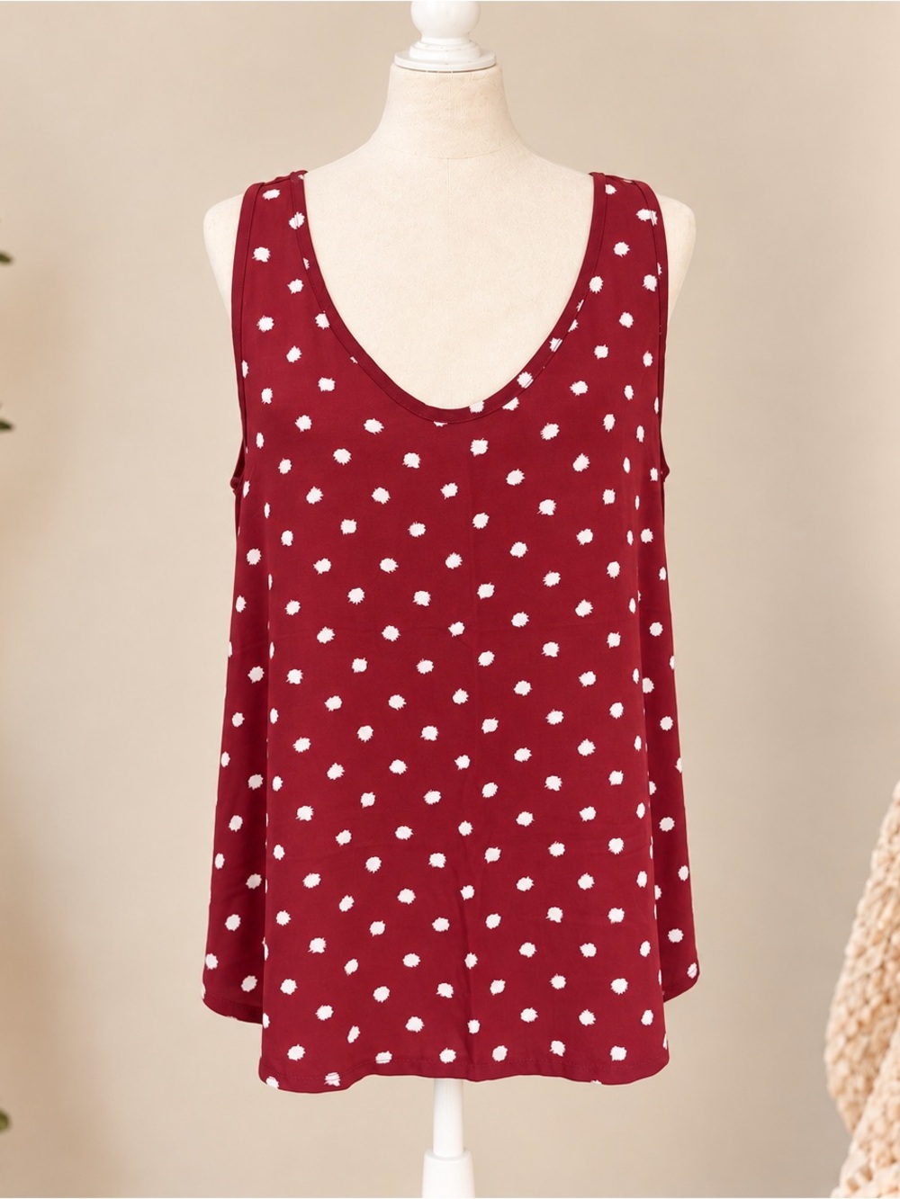 LOFT Burgundy Polka Dot Scoop Neck Tank